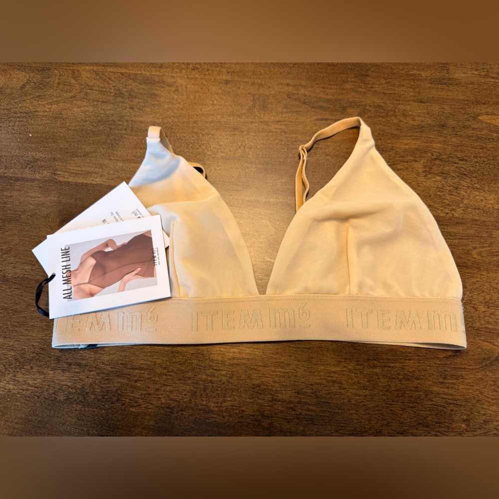 ITEM m6 All Mesh Triangle Bralette Apricot Nude Size L Wireless Logo Band NWT